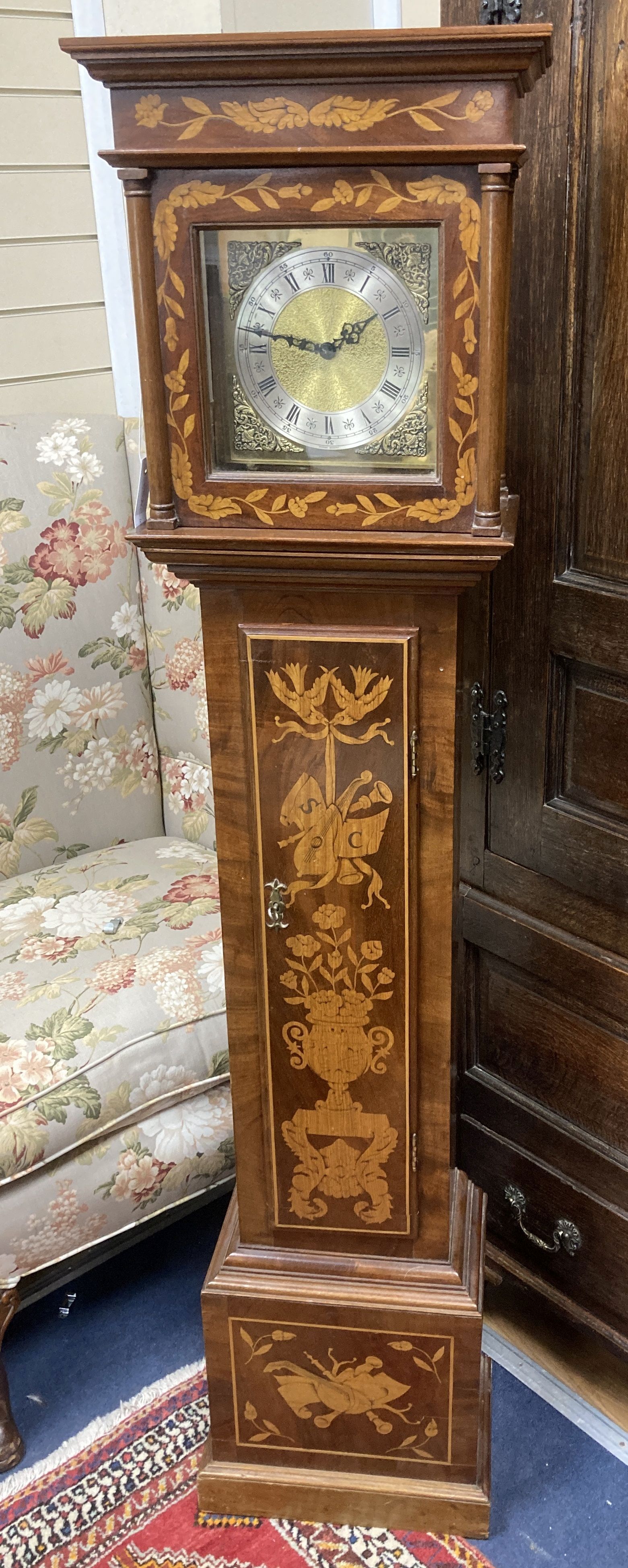 A reproduction marquetry inlaid walnut grandmother clock, height 151cm